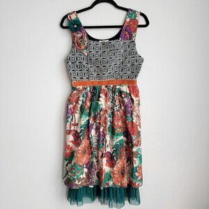 NWT Vintage Floral Mesh Hem Sleeveless Square Neckline Boho Eclectic Midi Dress